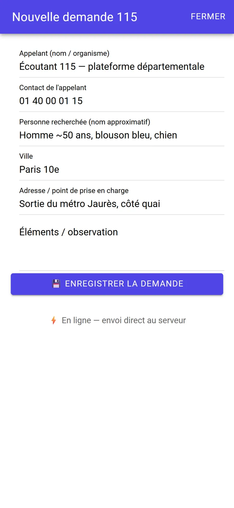 Application maraude : saisie d'une demande d'intervention 115
