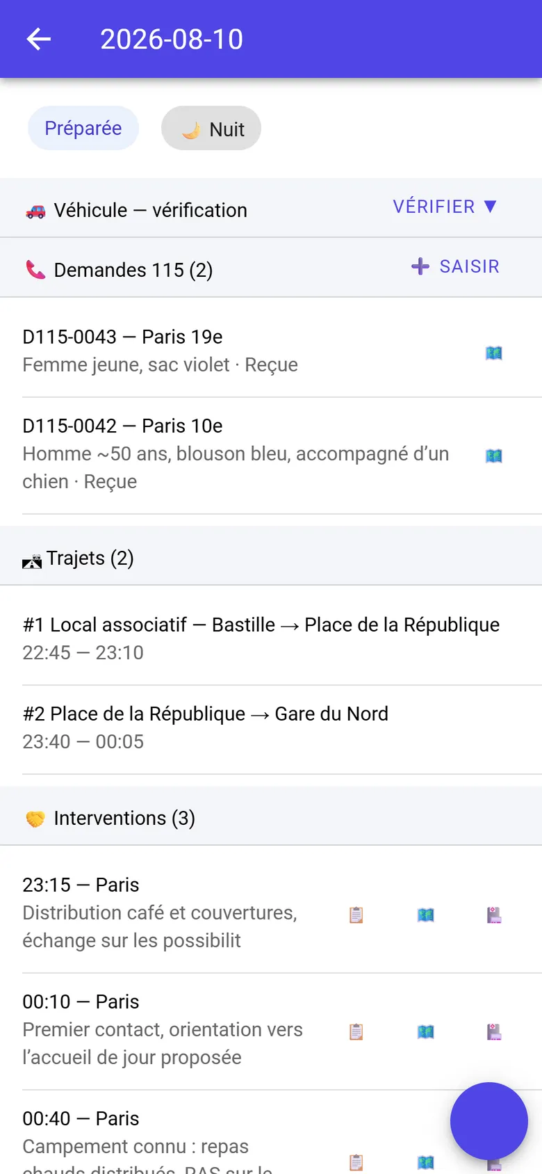 Application maraude : fiche de la tournée